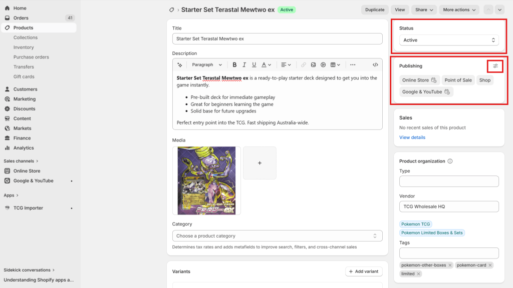 Screenshot of a product management interface showing details for the 'Starter Set Terastal Mewtwo ex' including title, description, status, publishing options, category selection, and media upload section.