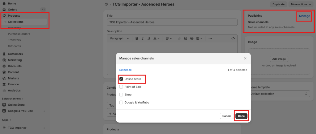 Screenshot of a product management interface showing settings for 'TCG Importer - Ascended Heroes,' including options for sales channels such as Online Store and Google & YouTube.