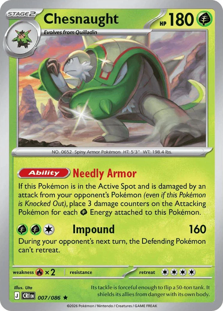 Chesnaught from Pokémon TCG Mega Evolution Chaos Rising card list