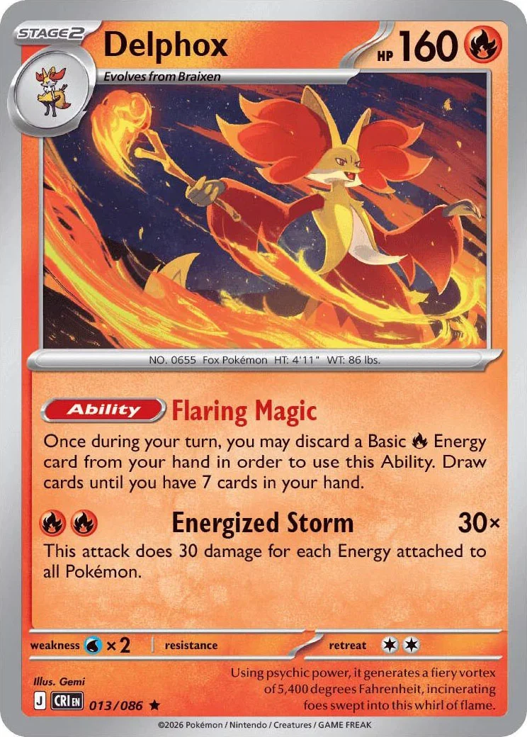 Delphox from Pokémon TCG Mega Evolution Chaos Rising card list