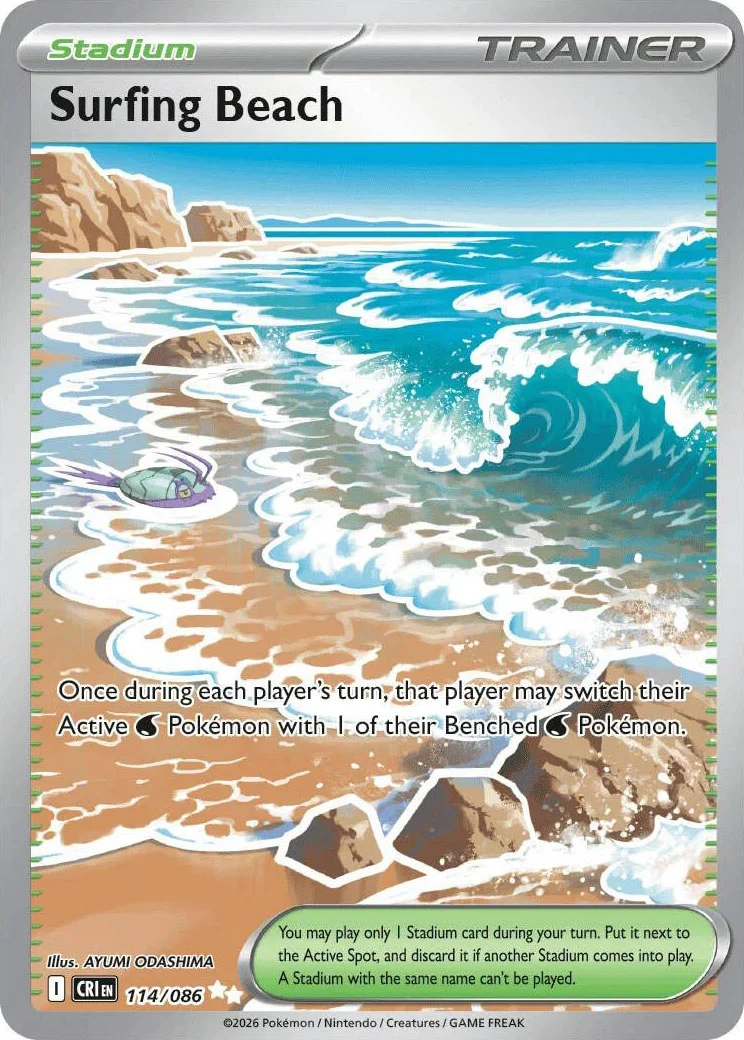 Surfing Beach from Pokémon TCG Mega Evolution Chaos Rising card list
