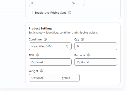TCG Importer product settings fields for condition quantity SKU barcode and weight