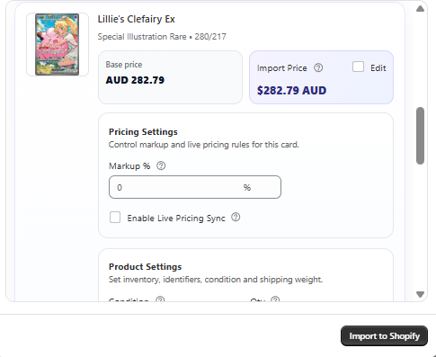 TCG Importer V1.3 card import modal showing base price import price pricing settings and product settings