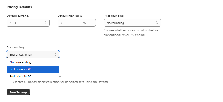 TCG Importer Shopify pricing defaults showing price ending options