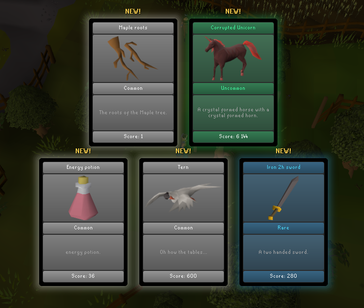 Revealed OSRS TCG cards displaying card names, rarities and score values