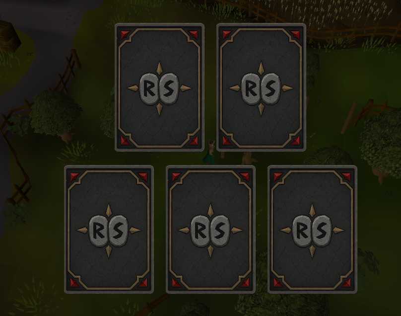 Five face-down cards displayed after opening an OSRS TCG pack