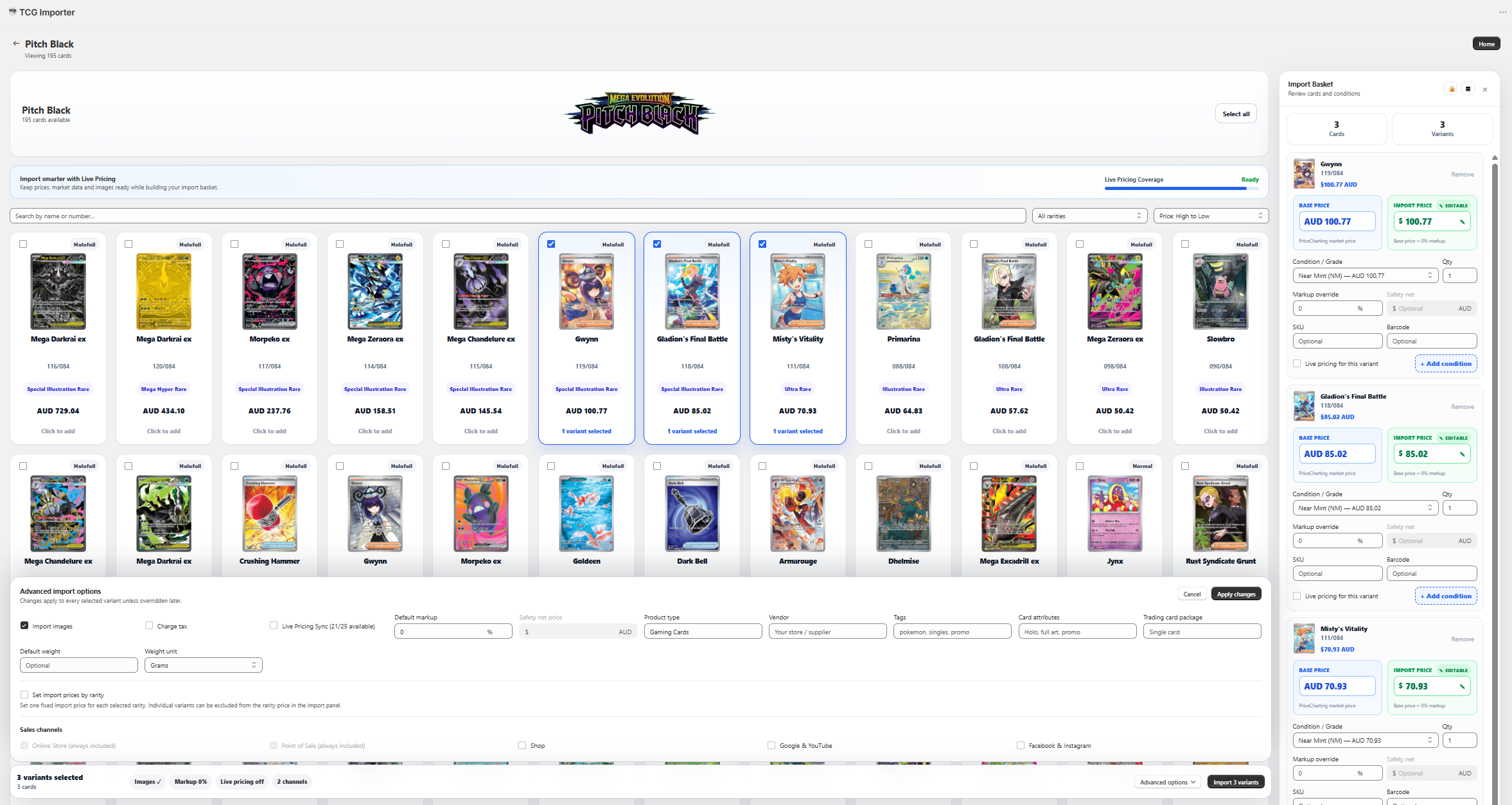 TCG Importer advanced import options for bulk importing trading cards and sealed products into Shopify